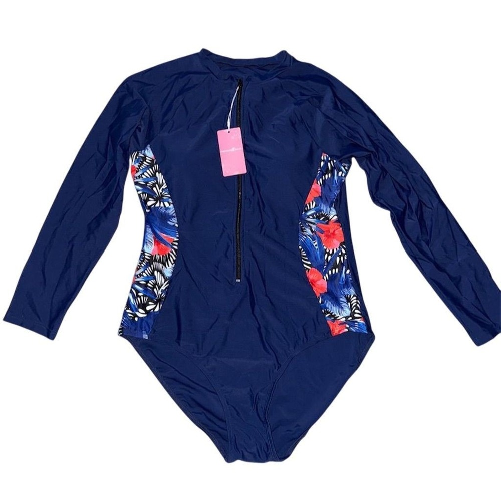Enchanted Dream Women's 2XL Blue Floral Long‎ Sleeve Rash Guard Swimsuit UPF 50+